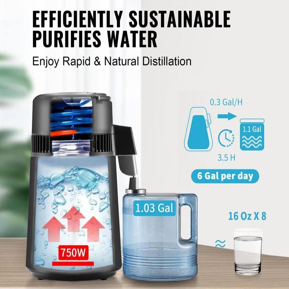 Water Distiller, 4L 1.05 Gallon Pure Water Purifier Filter For Home Countertop, 750W Distilled Water Maker, Stainless Steel Interior Distiller Water Making Machine to Make Clean Water, Black