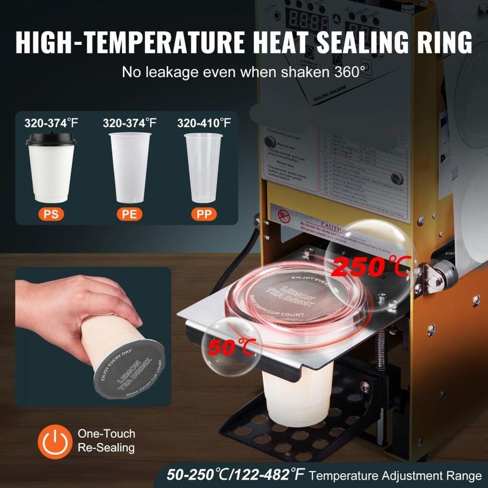 Fully Automatic Cup Sealing Machine, 500-650 Cups/H, Cup Sealer Machine for 180 mm Tall & 90/95 mm Cup, Electric Boba Tea Sealer with Digital Control LCD Panel for Bubble Milk Tea Coffee, Gold