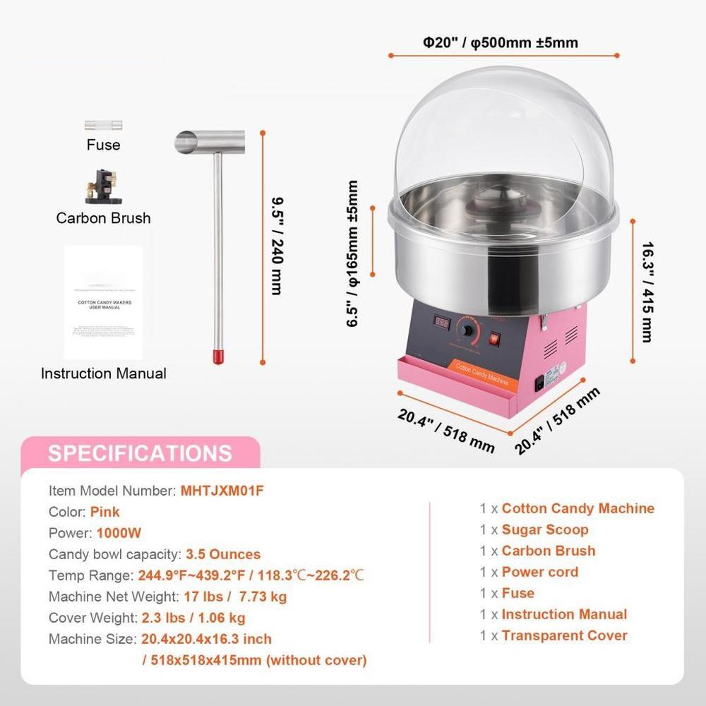 Electric Cotton Candy Machine, 1000W Candy Floss Maker, Commercial Cotton Candy Machine with Cover, Stainless Steel Bowl, and Sugar Scoop, Perfect for Home Kids Birthday, Family Party (Pink)