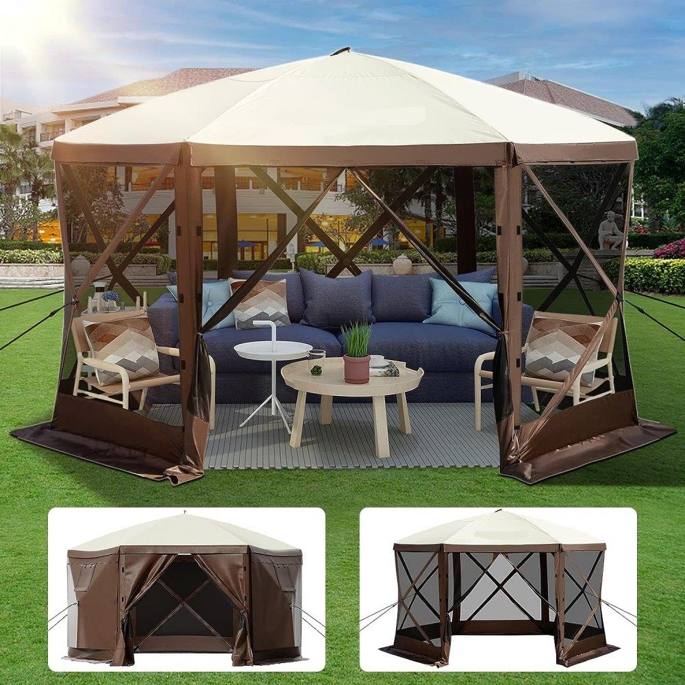 Gazebo Screen Tent, 10 x 10 ft, 6 Sided Pop-up Camping Canopy Shelter Tent with Mesh Windows, Portable Carry Bag, Ground Stakes, Large Shade Tents for Outdoor Camping, Lawn and Backyard
