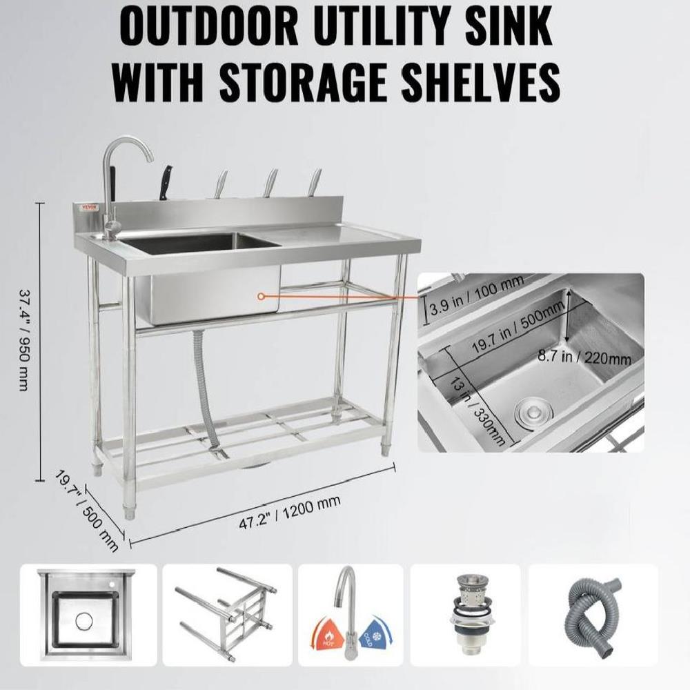 Stainless Steel Utility Sink, Free Standing Single Bowl Commercial Kitchen Sink Set w/Workbench, 47 x 19.7 x 37.4 in Commercial Single Bowl Sinks for Garage, Restaurant, Laundry