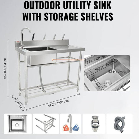 Stainless Steel Utility Sink, Free Standing Single Bowl Commercial Kitchen Sink Set w/Workbench, 47 x 19.7 x 37.4 in Commercial Single Bowl Sinks for Garage, Restaurant, Laundry