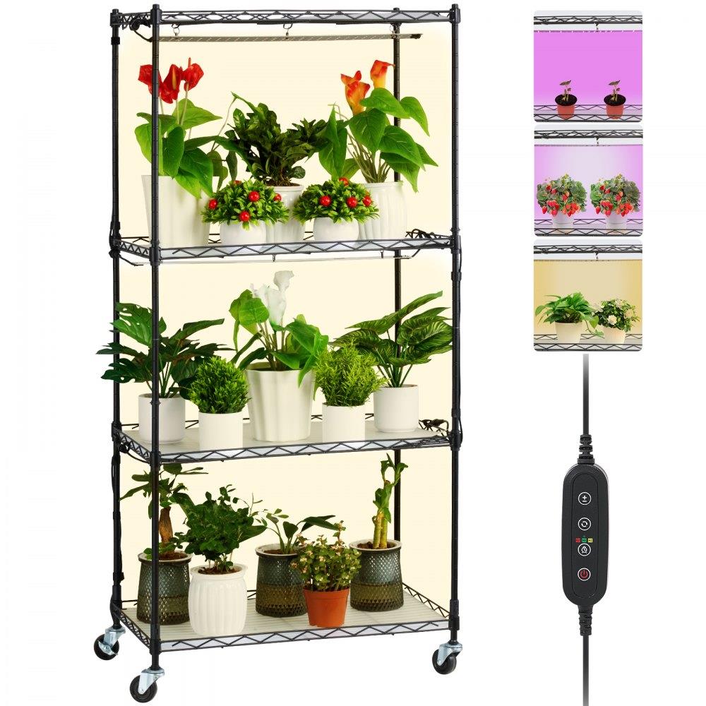 Plant Stand with Grow Light, 4-Tier Plant Shelf with 45W Full Spectrum Grow Light, 3 Mode Plant Light with Timer and Wheel for Seed Starting, Metal Grow Light Shelf for Indoor Plants