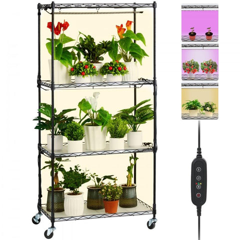 Plant Stand with Grow Light, 4-Tier Plant Shelf with 45W Full Spectrum Grow Light, 3 Mode Plant Light with Timer and Wheel for Seed Starting, Metal Grow Light Shelf for Indoor Plants