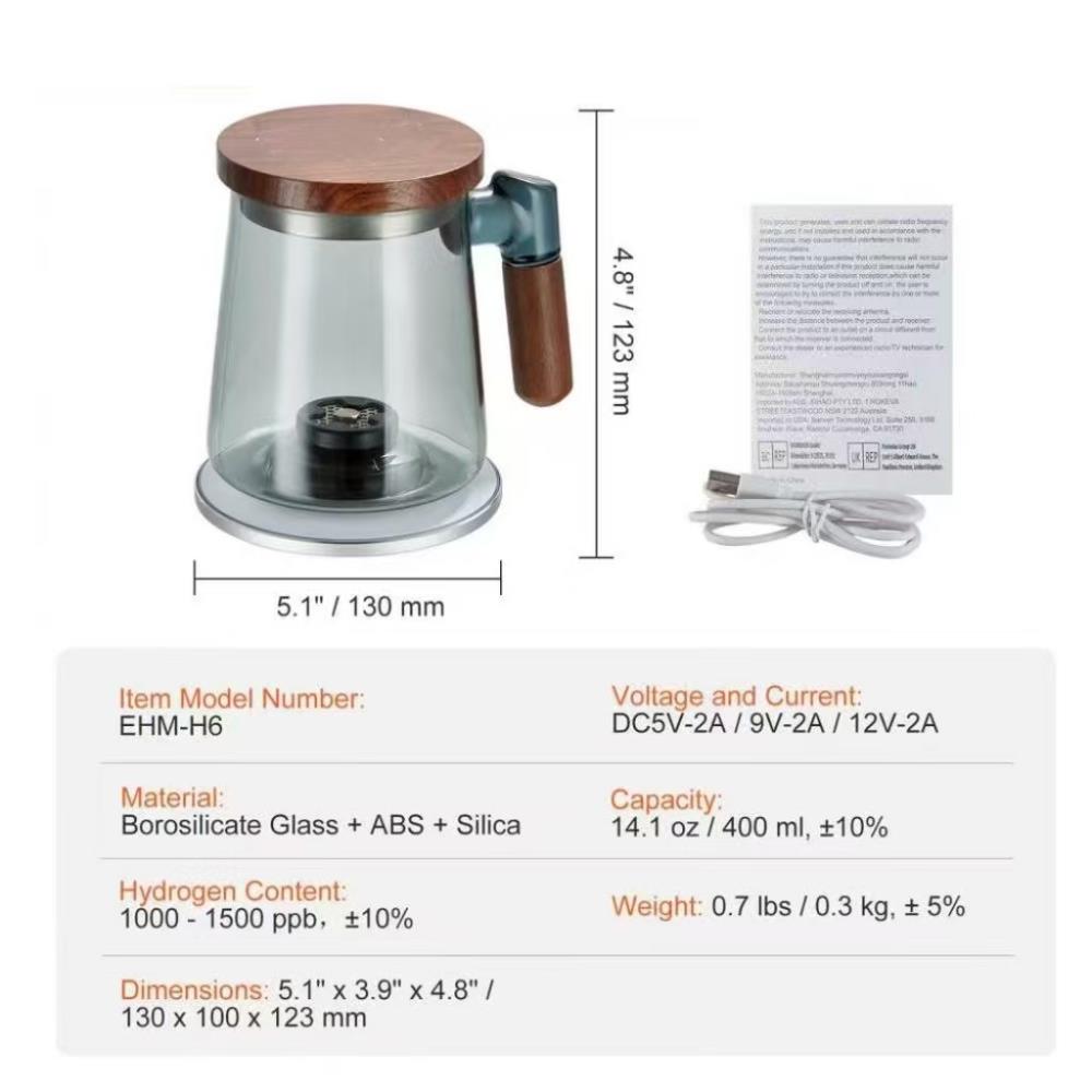 Hydrogen Water Cup, 400 ml / 14.1 oz Hydrogen Generator, SPE Technology Portable Hydrogen Water Ionizer Machine with Wireless Charging Base, Hydrogen Rich Water Bottle Glass Health Cup