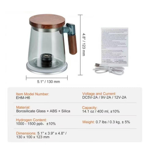 Hydrogen Water Cup, 400 ml / 14.1 oz Hydrogen Generator, SPE Technology Portable Hydrogen Water Ionizer Machine with Wireless Charging Base, Hydrogen Rich Water Bottle Glass Health Cup