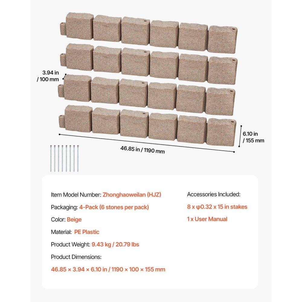 Faux Stone Landscape Edging 46.8 x 3.9 in Realistic Lawn Edging, Flexible Brick-Sized Garden Edging Border with Anchoring Spikes, Fade-Resistant Yard Edging for Driveways Walkway Beige
