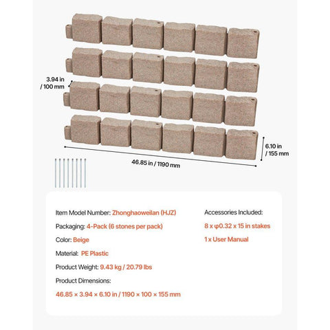 Faux Stone Landscape Edging 46.8 x 3.9 in Realistic Lawn Edging, Flexible Brick-Sized Garden Edging Border with Anchoring Spikes, Fade-Resistant Yard Edging for Driveways Walkway Beige