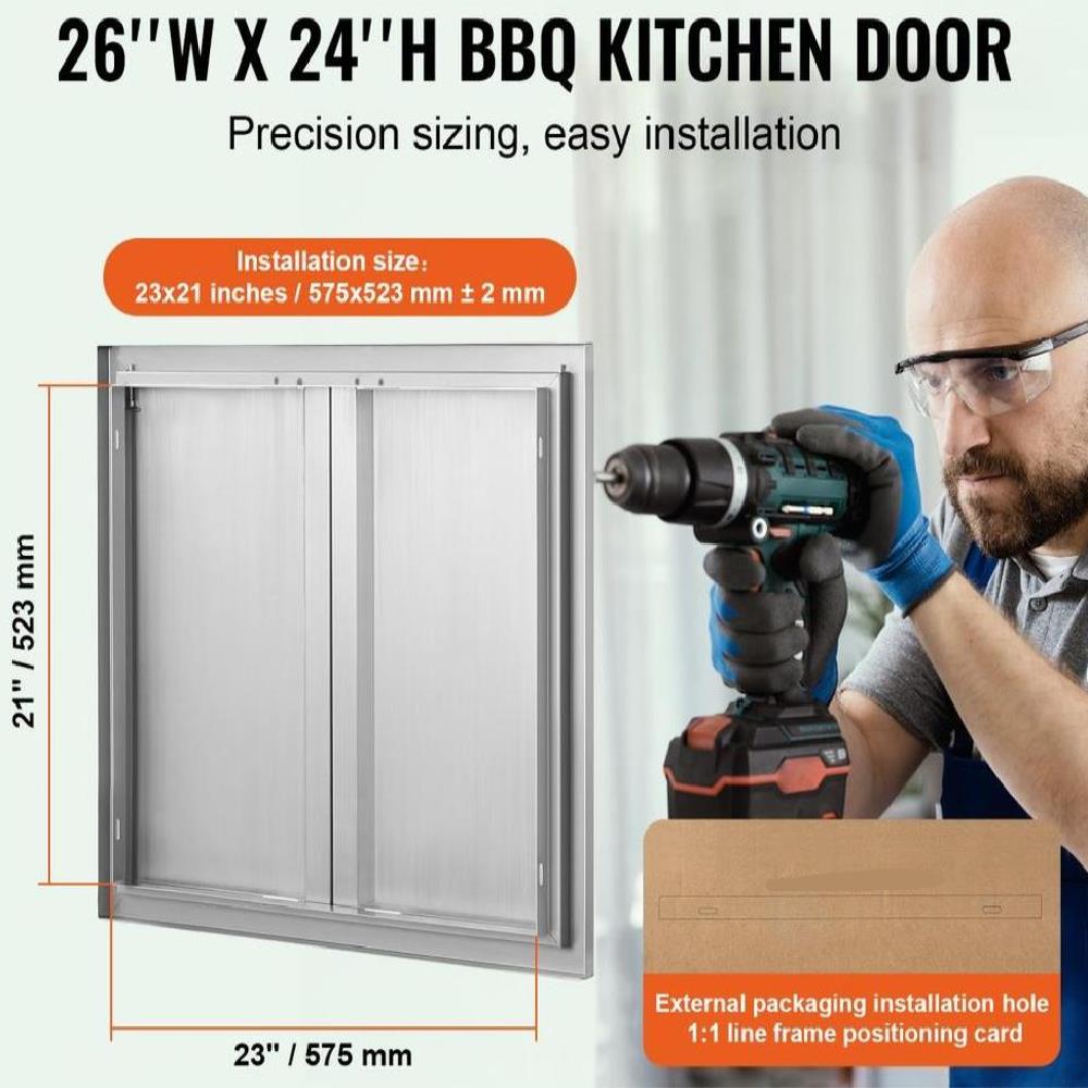 BBQ Access Door, 26W x 24H Inch Double Outdoor Kitchen Door, Stainless Steel Flush Mount Door, Wall Vertical Door with Recessed Handles , for BBQ Island, Grilling Station, Outside Cabinet