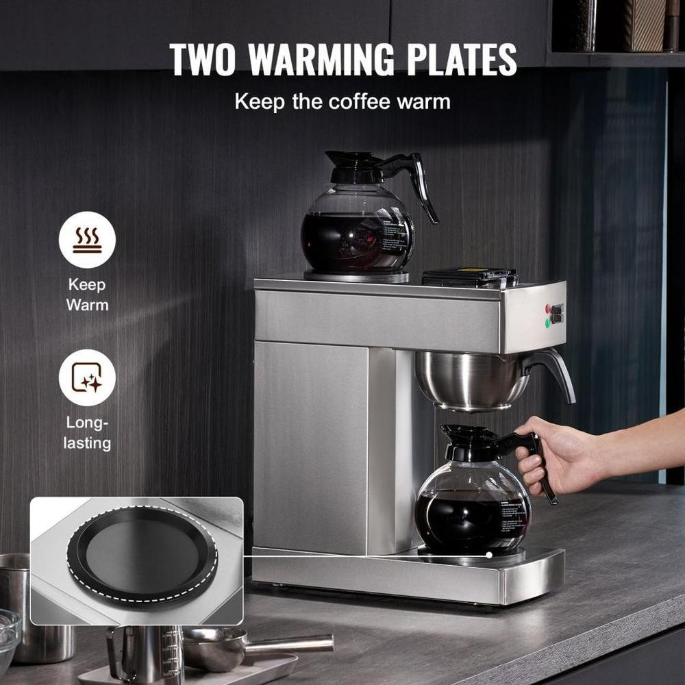 12 Cups Commercial Drip Coffee Maker, Coffee Maker Machine with 2 Glass Carafes and 2 Warmer Plates, Stainless Steel Pour Over Coffee Brewer for Restaurant, Office, Cafe