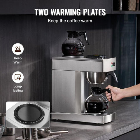 12 Cups Commercial Drip Coffee Maker, Coffee Maker Machine with 2 Glass Carafes and 2 Warmer Plates, Stainless Steel Pour Over Coffee Brewer for Restaurant, Office, Cafe