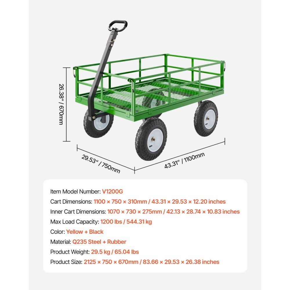 1200 Lbs Steel Garden Cart,Heavy Duty Pullable Garden Wagon Yard Cart,2 in 1 Outdoor Metal Utility Wagon Yard Trailer with 13" All Terrain Tires,Removable Mesh Sides and 180° Rotating Handle