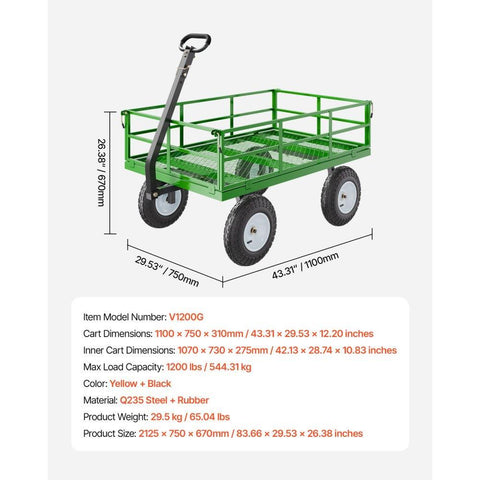 1200 Lbs Steel Garden Cart,Heavy Duty Pullable Garden Wagon Yard Cart,2 in 1 Outdoor Metal Utility Wagon Yard Trailer with 13" All Terrain Tires,Removable Mesh Sides and 180° Rotating Handle