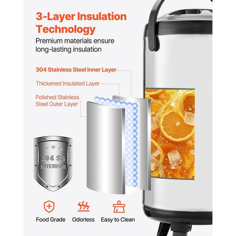 Insulated Beverage Dispenser, 2.4 Gal/9.2L Stainless Steel Thermal Drink Server with Spigot & Temp Display, Suitable for Hot and Cold Drinks, for Tea Coffee Water in Cafes & Restaurants, Silver