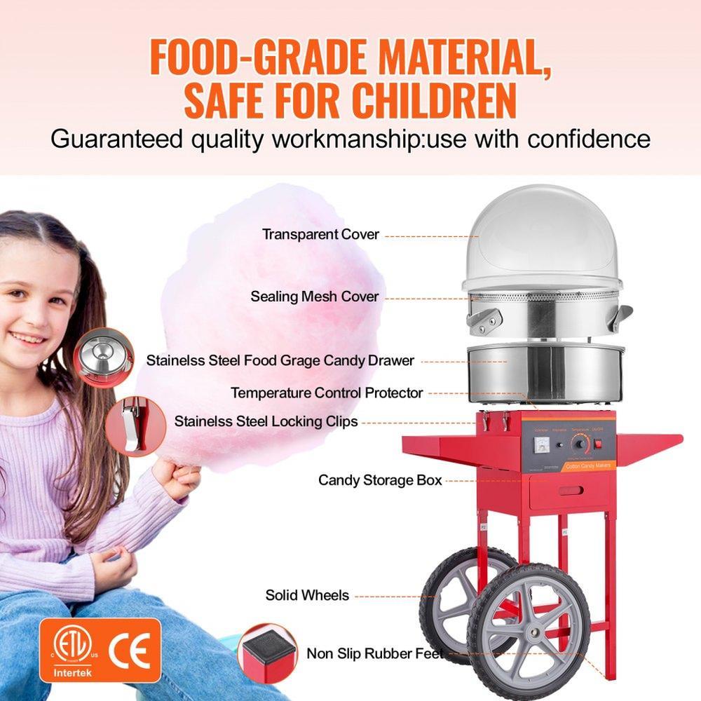 Electric Cotton Candy Machine with Cart, 1000W Commercial Candy Floss Maker with Cover, Stainless Steel Bowl, Sugar Scoop and Drawer, Perfect for Home, Kids Birthday, Family Party, Red