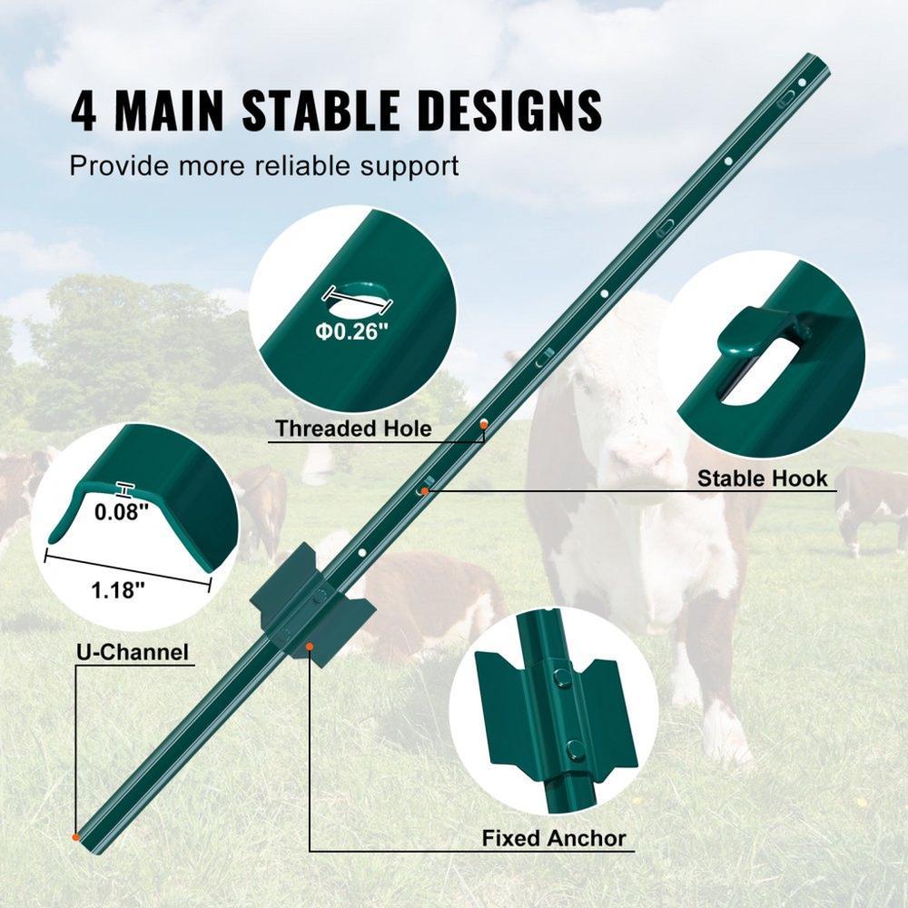 3 Feet Fence Post, 10 Pack U-Channel Heavy Duty Metal Fence Posts, Sturdy Steel Fence Stakes for Garden Yard, Lawn, Farms and Outdoor Wire Fencing, Green