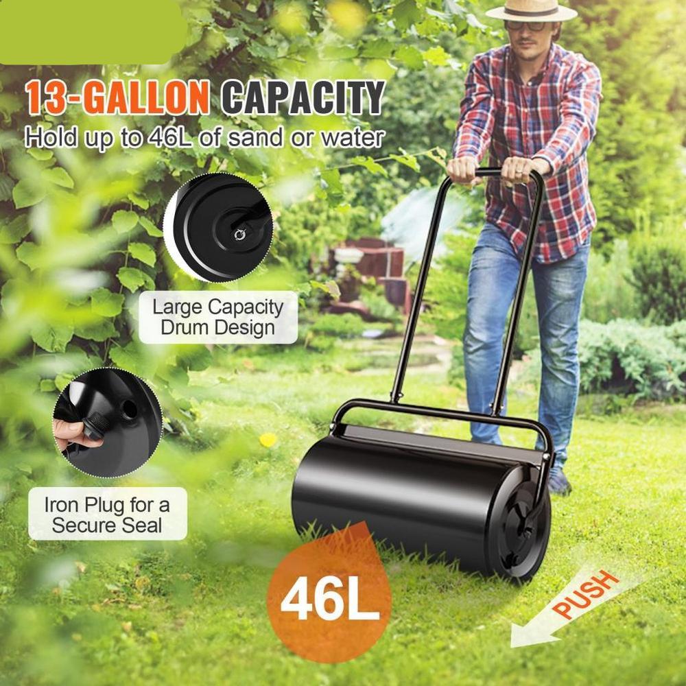 Lawn Roller 13 Gallon Sand or Water Filled Steel Sod Roller with Easy Turn Plug and U Shaped Handle for Lawn Garden Farm and Park Black