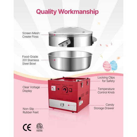 Electric Cotton Candy Machine, 1000W Commercial Candy Floss Maker with 20.5 in Stainless Steel Bowl, Sugar Scoop, and Drawer, Easy Home Use, Perfect for Kids Birthday, Family Party, Red