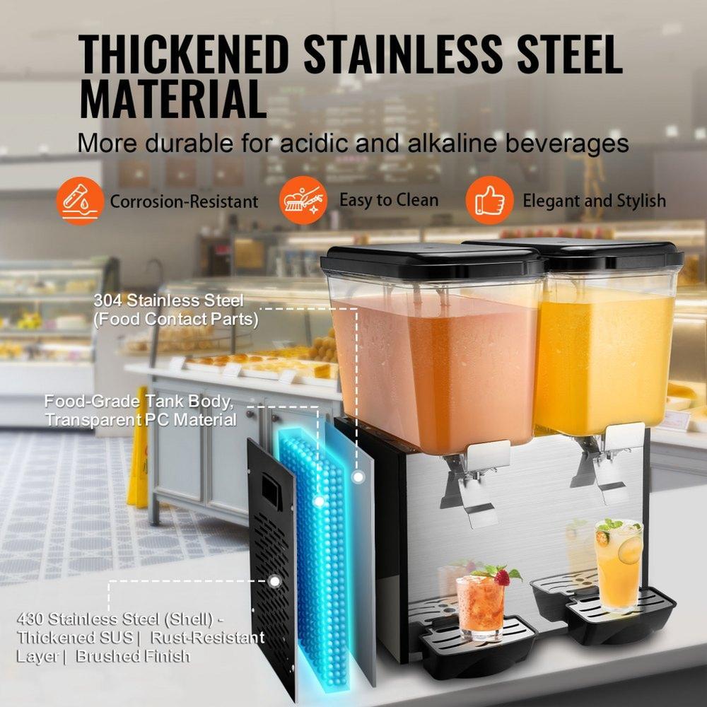 Commercial Beverage Dispenser, 2 Tanks 18 L / 19 QT Per Tank Juice Dispenser, 370W Stainless Steel Ice Tea Drink Machine with 45°F-54°F Cooling Temperature, for Cold Drink Restaurant Bar Party