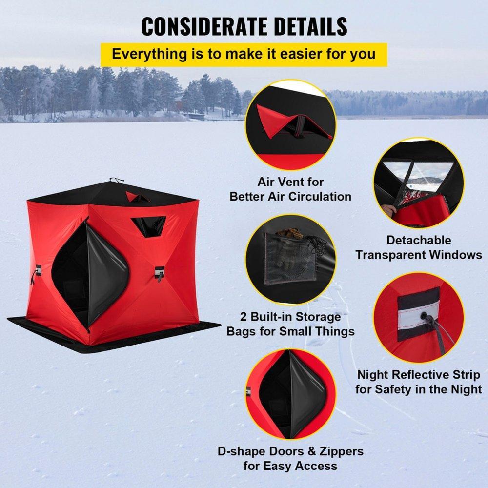 2-3 Person Ice Fishing Shelter Tent, 300D Oxford Fabric Portable Ice Shelter with Pop-up Pull Design, Strong Waterproof and Windproof Ice Fish Shelter for Outdoor Fishing, Red