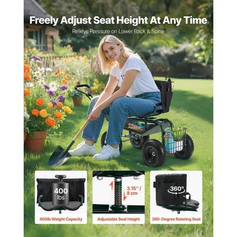 Rolling Garden Cart with Swivel Seat Backrest Toolbox Wheel Extendable Handle