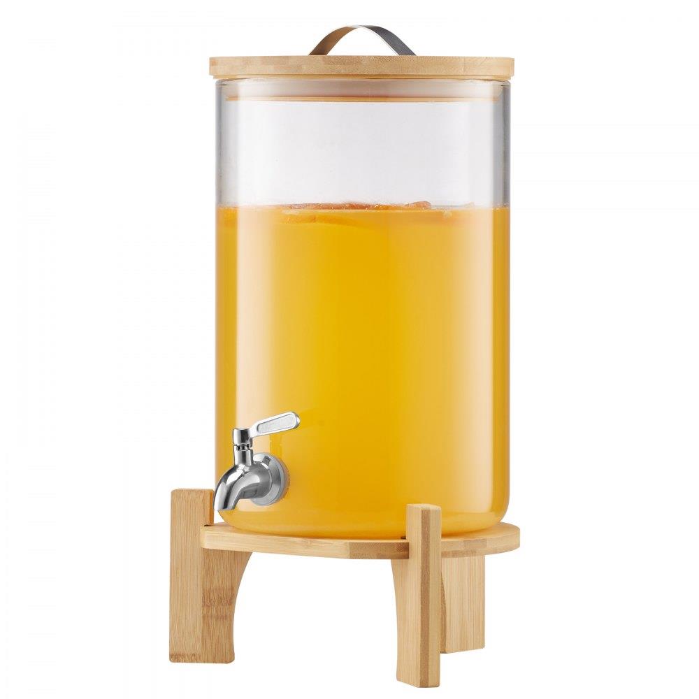 Beverage Dispenser, 2.2 Gallon Drink Dispensers for Parties, Glass Juice Dispenser with Wood Stand, Stainless Steel Spigot, Iced Tea Lemonade Juice Water Dispensers for Parties