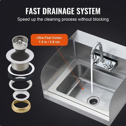 Commercial Hand Sink with Faucet and Side Splash, Stainless Steel Sink for Washing, Small Hand Washing Sink, Wall Mount Hand Basin for Restaurant, Kitchen, Bar, Garage and Home, 17x12.8 inch
