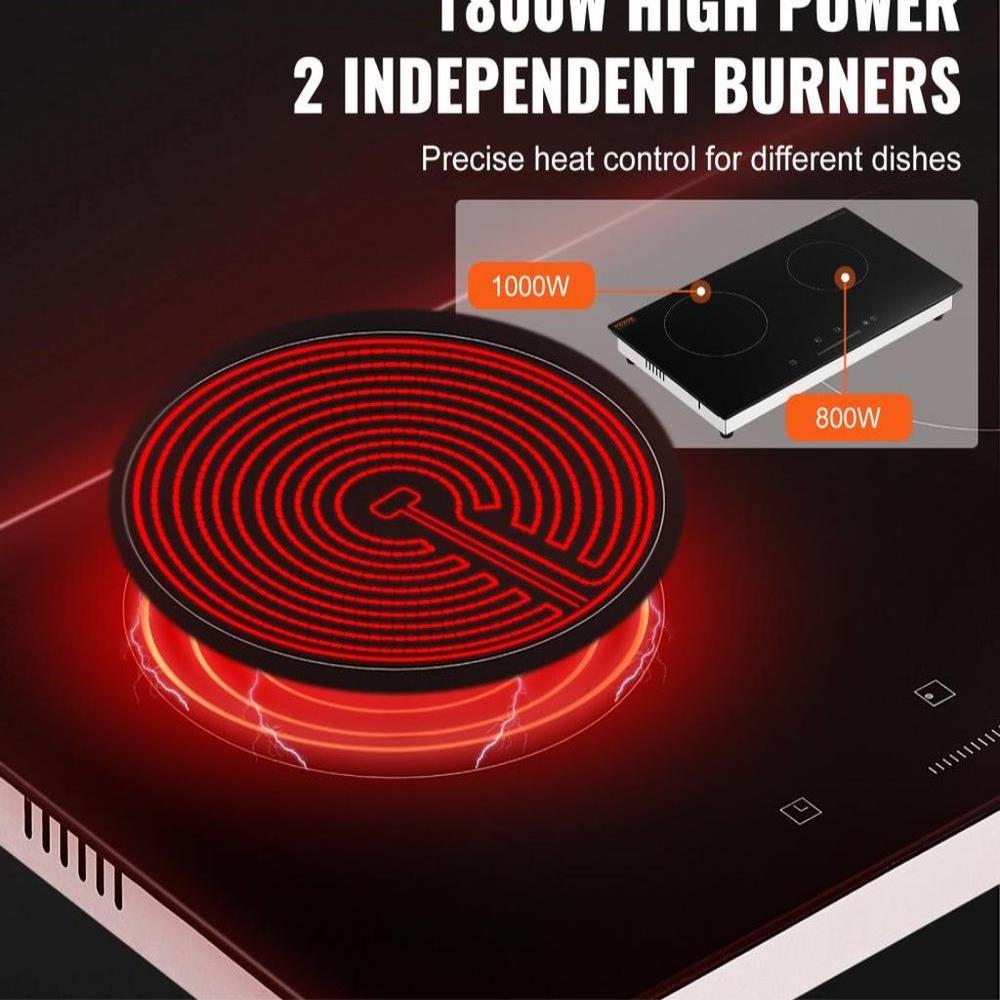 Electric Cooktop, 24 inch 2 Burners Built-in Electric Stove Top, 1800W Ceramic Top Radiant Cooktop with Glass Panel, Touch Control, Timer, Child Lock, 9 Heat Level, Residual Heat Indicator, 120V