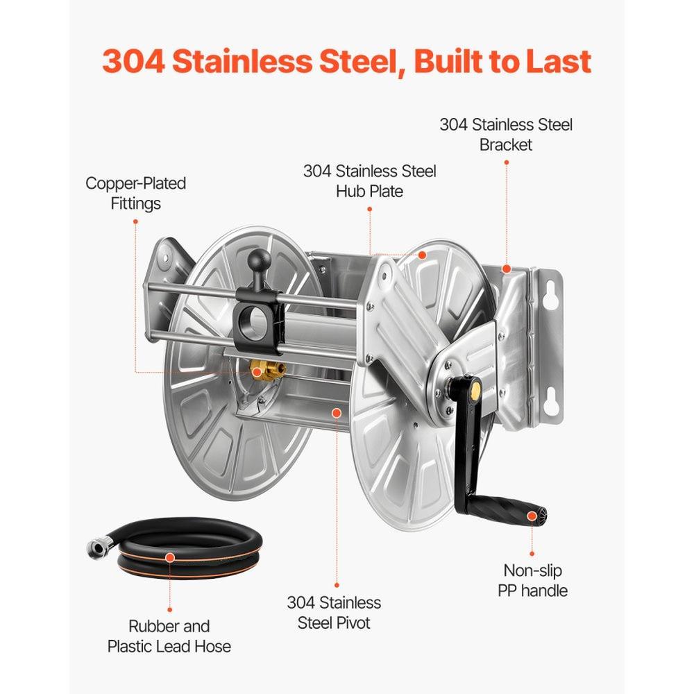 Wall Mounted Garden Hose Reel 150ft 5/8in Hose Winder with Brass Fitting and Hose Guide