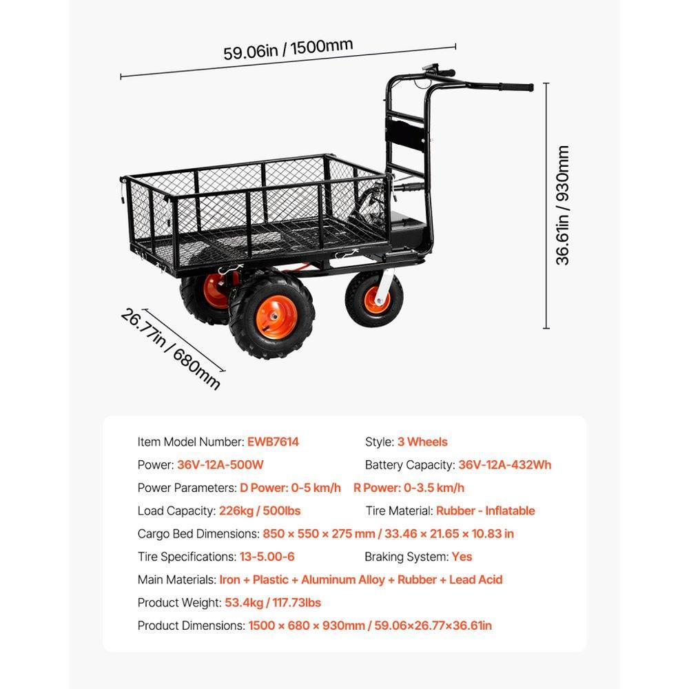 Electric Utility Cart, 500lbs Capacity Power Wagon, 36V 432W Battery Powered Steel Garden Cart with Brake, Heavy Duty Electric Assist Wagon, Material
