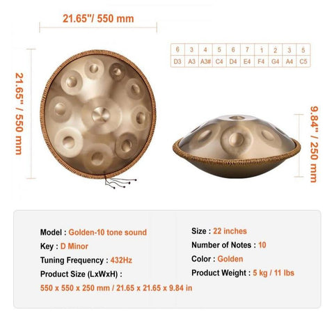 Handpan Drum 22 in 10 Notes D Minor Hand Drum Instrument with Mallet