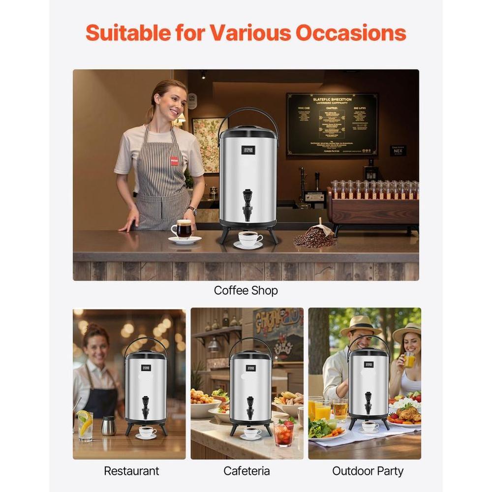 Insulated Beverage Dispenser, 3.2 Gal/12L Stainless Steel Thermal Drink Server with Spigot & Temp Display, Suitable for Hot and Cold Drinks, for Tea Coffee Water in Cafes & Restaurants, Silver