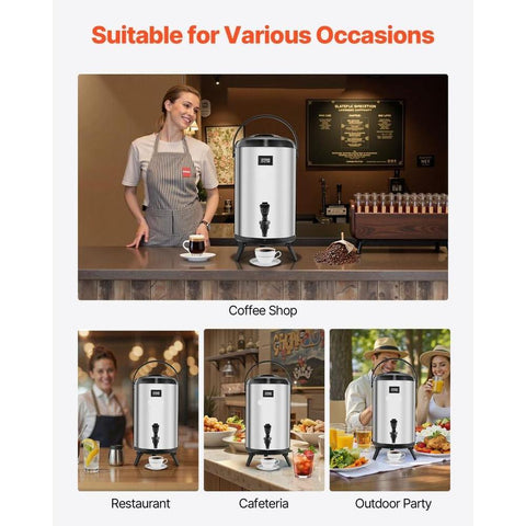 Insulated Beverage Dispenser, 3.2 Gal/12L Stainless Steel Thermal Drink Server with Spigot & Temp Display, Suitable for Hot and Cold Drinks, for Tea Coffee Water in Cafes & Restaurants, Silver