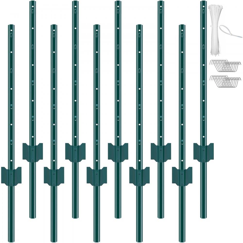 3 Feet Fence Post, 10 Pack U-Channel Heavy Duty Metal Fence Posts, Sturdy Steel Fence Stakes for Garden Yard, Lawn, Farms and Outdoor Wire Fencing, Green