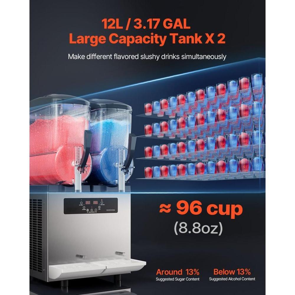 Commercial Slushy Machine, 12Lx2 Double Tank Frozen Drink Machine, 96 Cups Stainless Steel Margarita Smoothie Frozen Drink Maker, Slushie Maker for Home Party Restaurants Cafe Bars
