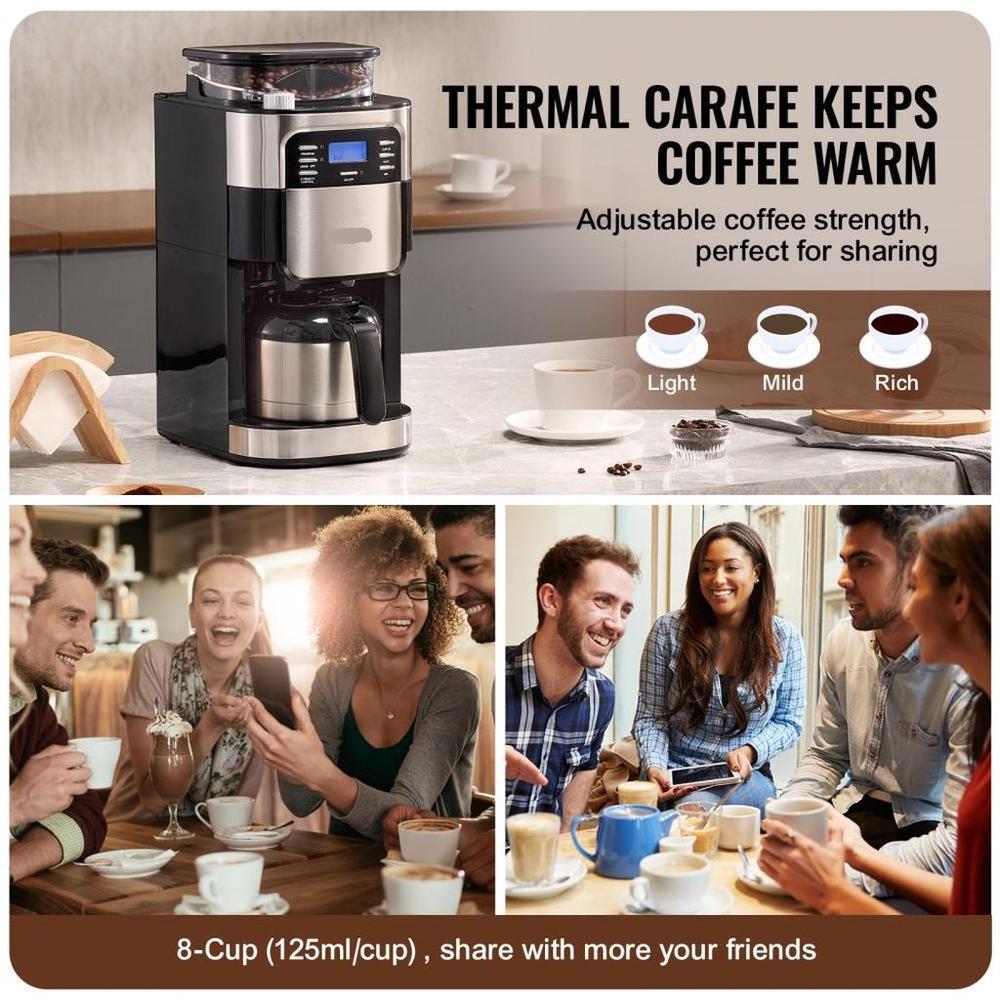 Coffee Maker with Grinder, 8 Cup Coffee Machine, Grind and Brew Coffee Maker with 3 Brew Strength Control, 24-Hour Timer for Auto Brew, for Home Office Restaurant