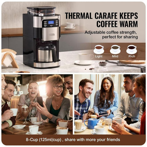Coffee Maker with Grinder, 8 Cup Coffee Machine, Grind and Brew Coffee Maker with 3 Brew Strength Control, 24-Hour Timer for Auto Brew, for Home Office Restaurant