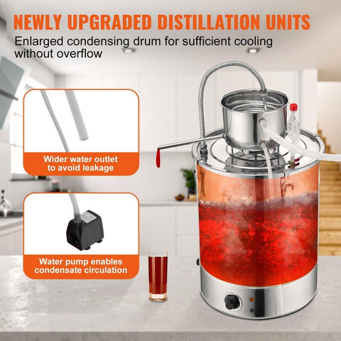 Alcohol Still, 9 Gal 30L Water Alcohol Distiller, Home Distillery Kit include Stainless Steel Tube & Pump & One-way Exhaust Valve & Thermometer (30-120℃ ) for DIY Whisky Wine Brandy, Silver