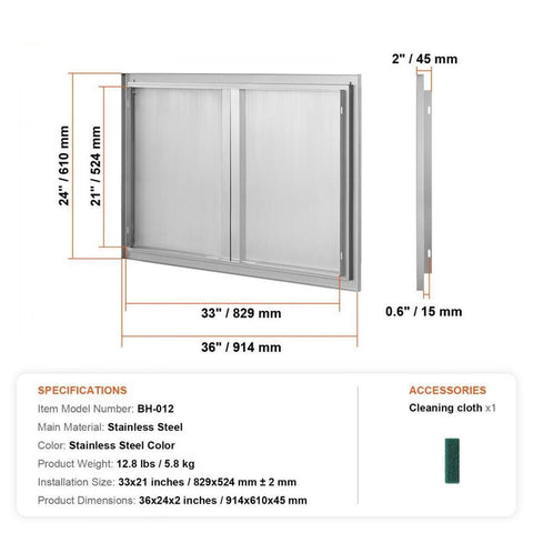 BBQ Access Door, 36W x 24H Inch Double Outdoor Kitchen Door, Stainless Steel Flush Mount Door, Wall Vertical Door with Recessed Handles , for BBQ Island, Grilling Station, Outside Cabinet