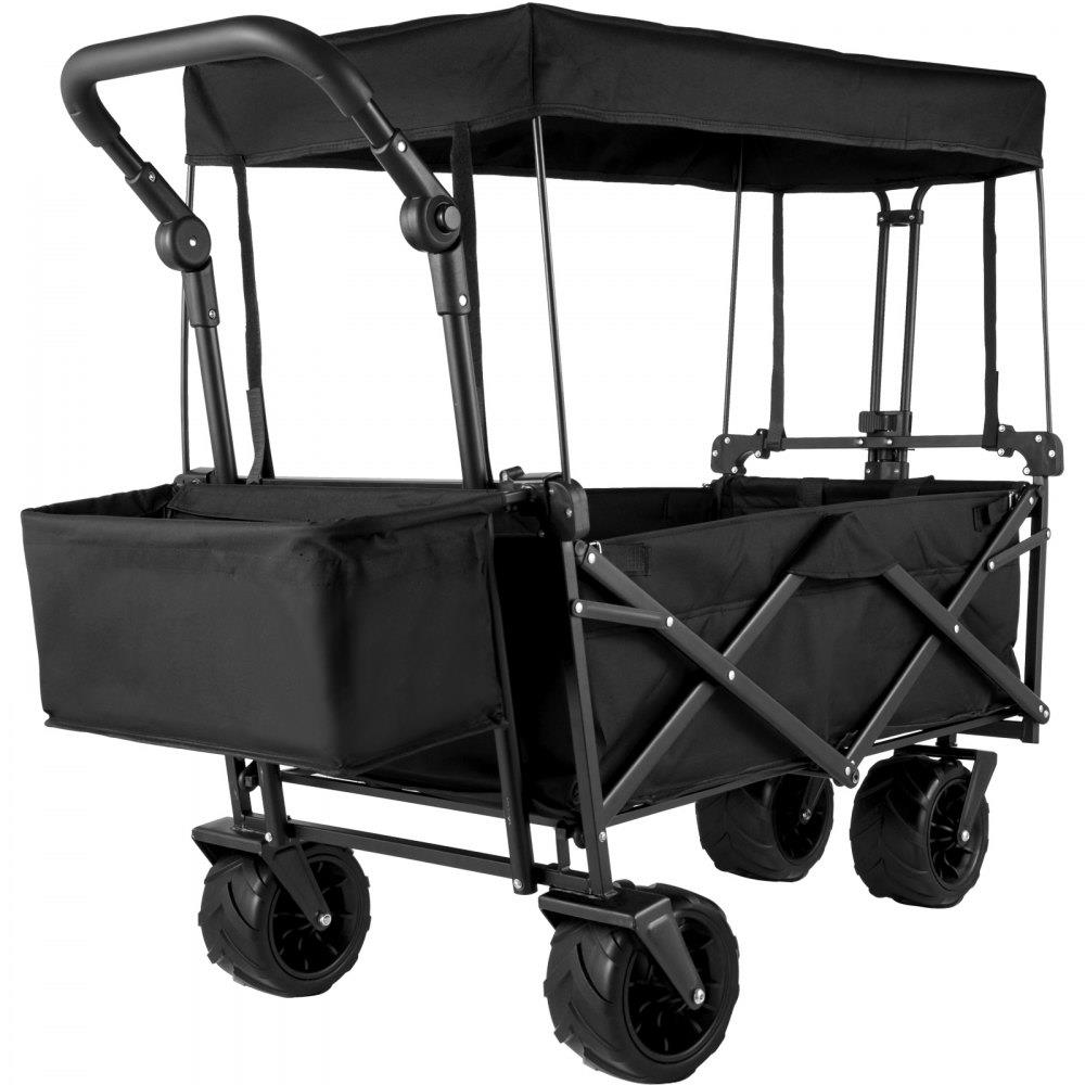 Extra Large Collapsible Garden Cart with Removable Canopy, Folding Wagon Utility Carts with Wheels and Rear Storage, Wagon Cart for Garden, Camping, Grocery Cart, Shopping Cart, Black