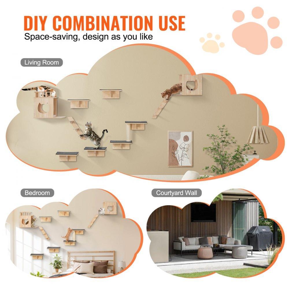 Wall Mounted Cat Shelves Tree with Jumping Boards Nests Hammock Set of 9