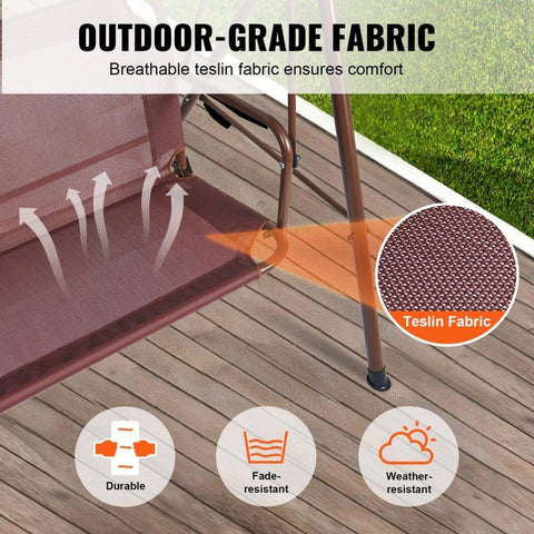 3-Person Patio Swing Chair, Outdoor Patio Swing with Adjustable Canopy, Porch Swing with Armrests, Teslin Fabric and Alloy Steel Frame, for Balcony, Backyard, Patio, Garden, Poolside, Brown