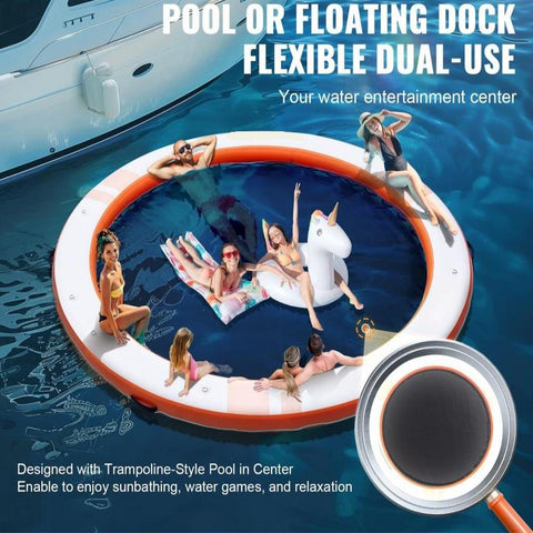 Inflatable Floating Dock, ø8FT Inflatable Dock Platform with ø5FT Trampoline Mesh Pool, Non-Slip Floating Platform Water Mat with Portable Bag & Detachable Ladder for Pool Beach Relaxation