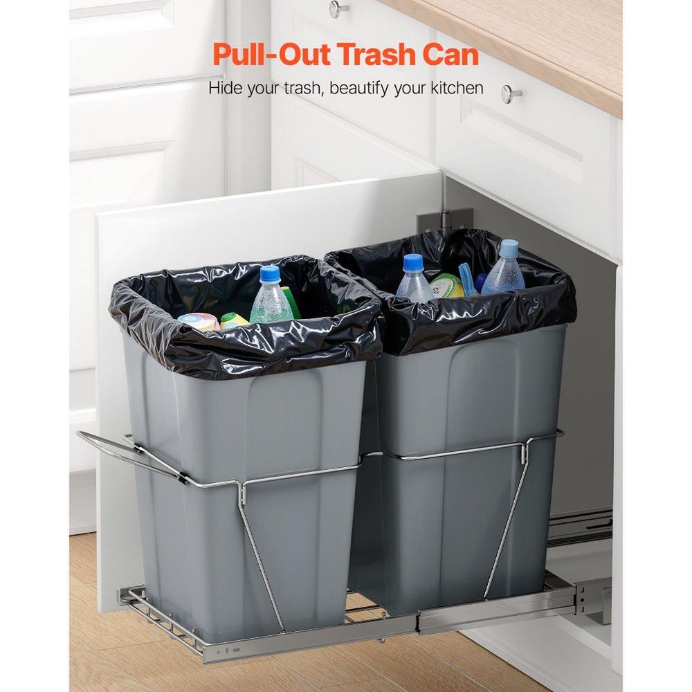 Double 27QTx2 Pullout Waste Container Under Cabinet Kitchen Bin Trash Can
