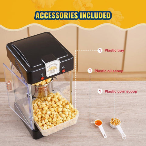 Popcorn Maker, 300W Popcorn Popper Machine, 2.5 Oz Kettle Makes 4 QT per Batch, Tabletop Popcorn Maker with PP Door, Includes 2 Scoops and Tray, Movie Theater Style, Black