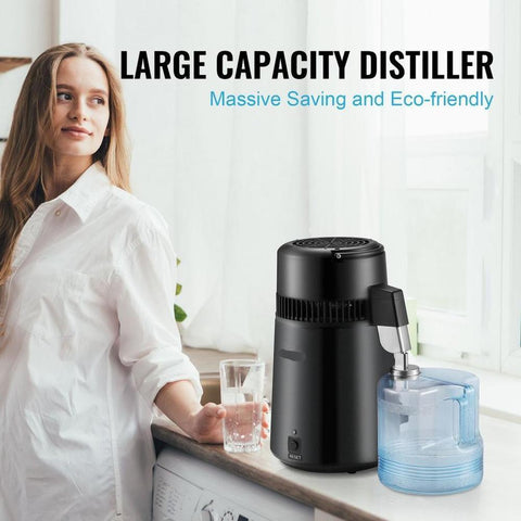 Water Distiller, 4L 1.05 Gallon Pure Water Purifier Filter For Home Countertop, 750W Distilled Water Maker, Stainless Steel Interior Distiller Water Making Machine to Make Clean Water, Black