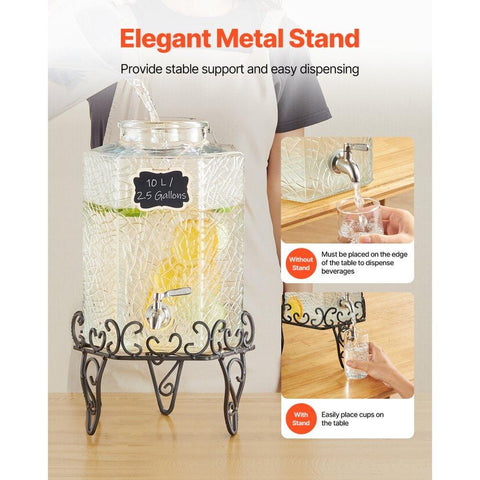 Beverage Dispenser, 2.5 Gallon Drink Dispensers for Parties, Glass Juice Dispenser with Metal Stand, Stainless Steel Spigot, Iced Tea Lemonade Juice Water Dispensers for Parties