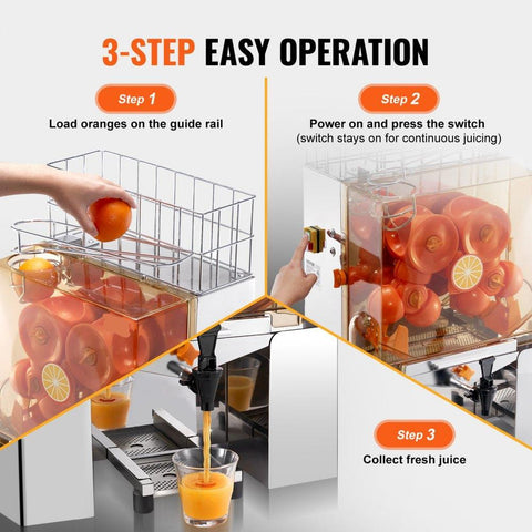 Commercial Orange Juicer Machine, 120W Automatic Juice Extractor with Water Tap, Stainless Steel Orange Squeezer 20 Oranges/Minute, with Pull-Out Filter Box, PC Cover, 2 Peel Collecting Buckets