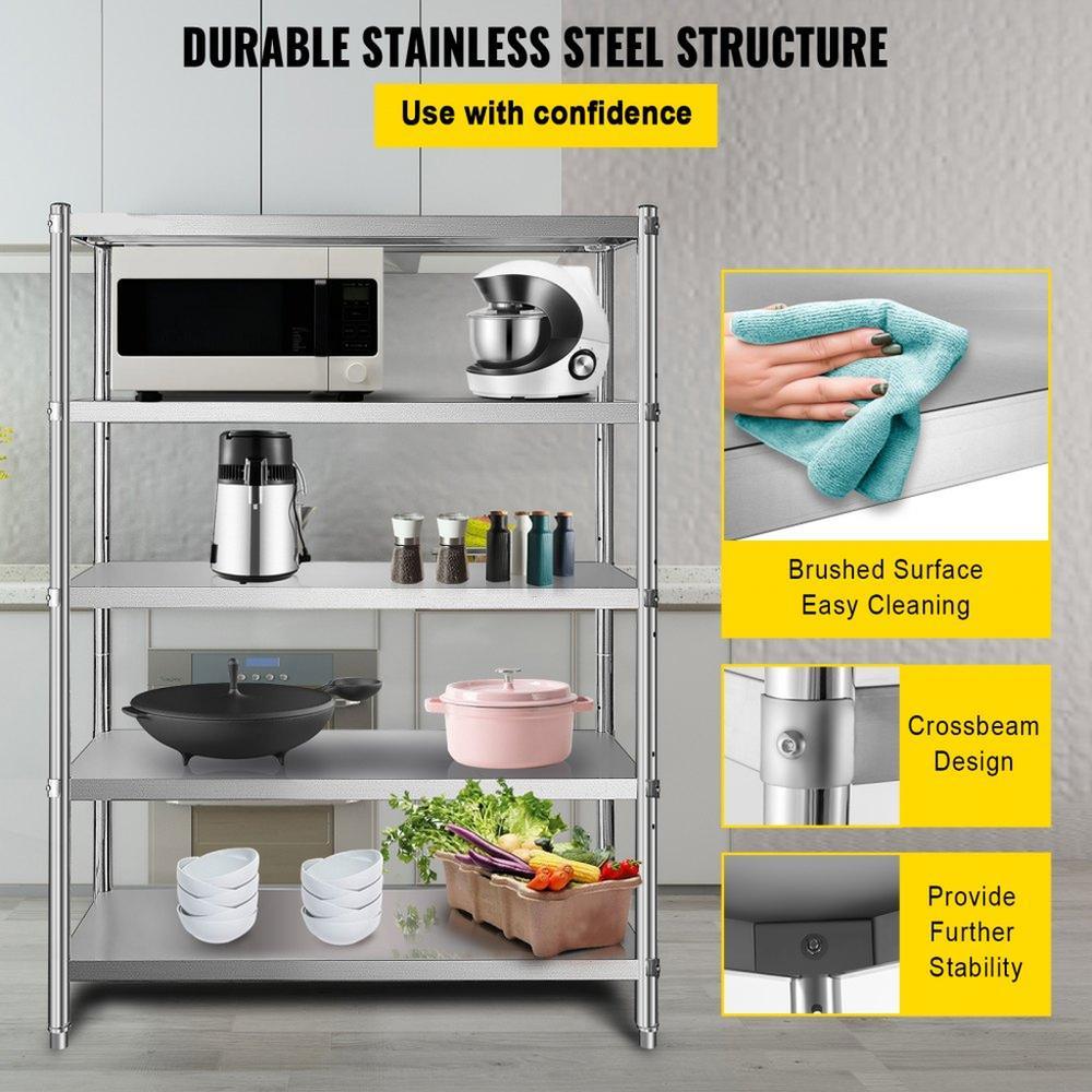 Stainless Steel Shelves 47.5x18 Inch 5 Tier Adjustable Shelf Storage Unit Stainless Steel Rack Shelving Heavy Duty Shelving for Kitchen Commercial Office Garage Storage 330lb Per Shelf