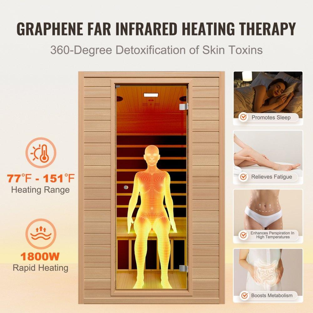Far Infrared Wooden Sauna, Room Home Sauna Spa for 2 Person 1800W